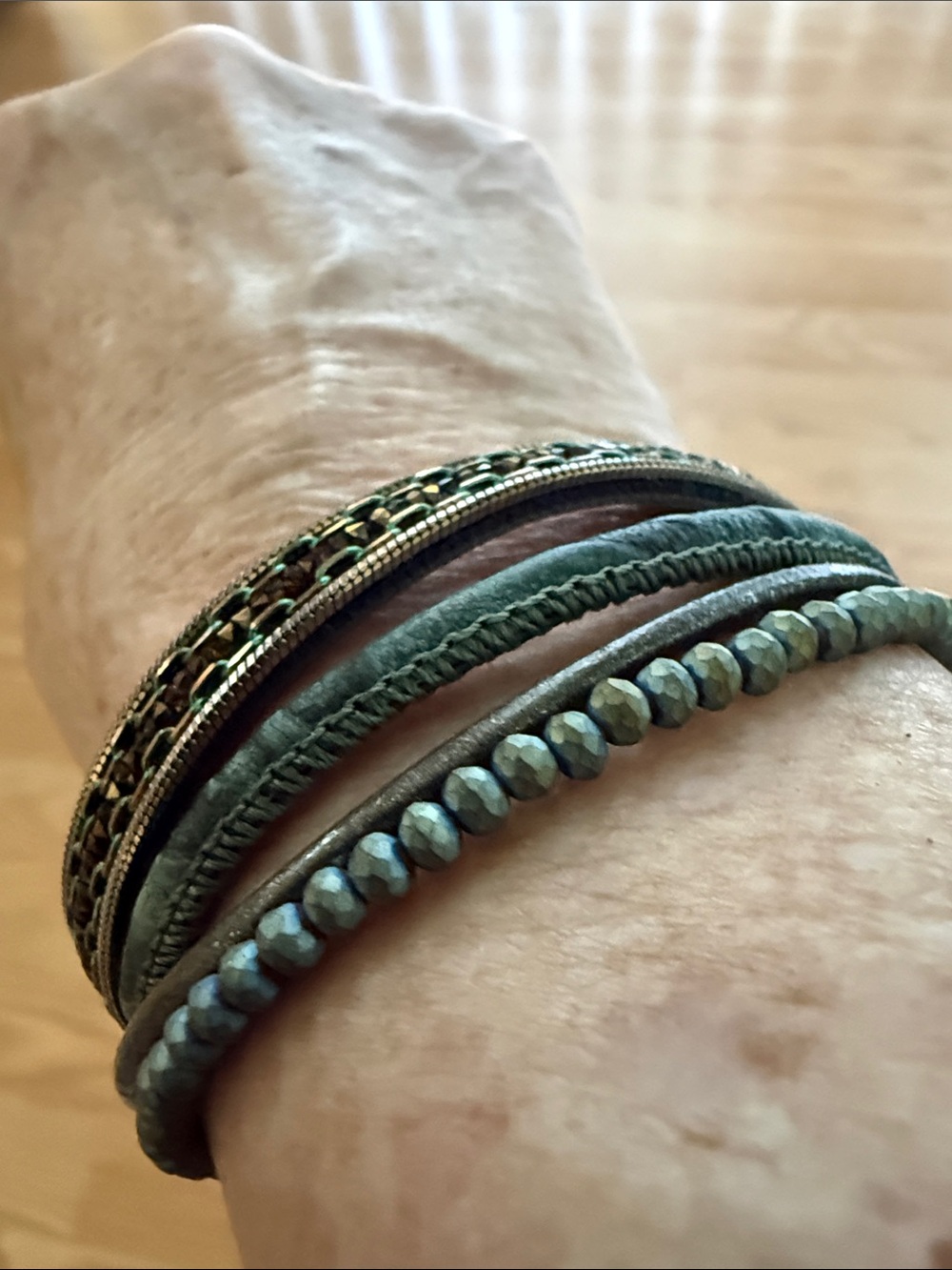 Green & Brown Multi-Row Beaded & Leather Bracelet
